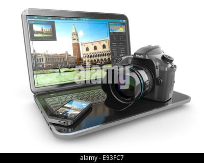 Photo camera, laptop and mobile phone. Journalist  or  traveler equipment. 3d Stock Photo