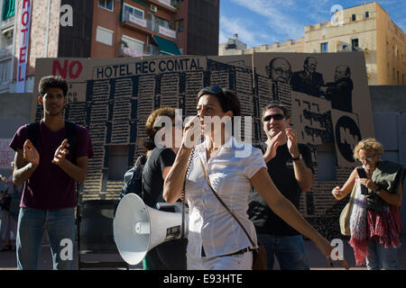 Oct. 18, 2014 - Barcelona, Catalonia, Spain. Residents against new hotel construction in Barcelona. One hundred residents took to the streets in Barcelona to protest a new hotel project in the old part of the city. Barcelona is taking several neighborhood protests against the growing tourism massification. In this case the protest is against the hotel projected  at  Rec Comtal zone, according to neighborhood sources over ten new hotels are planned in the area. Stock Photo