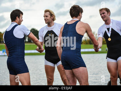 Nottingham, UK. 18th Oct, 2014. British Rowing Championships. Members of the Moseley BC 'A' congratulate members of the Isis BC 'A' after their cox less fours final. Credit:  Action Plus Sports/Alamy Live News Stock Photo