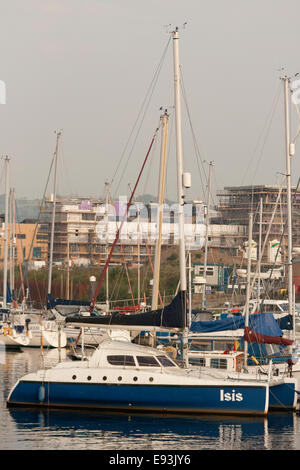 The innocently named catamaran Isis moored in Penarth Marina, Cardiff Bay Stock Photo