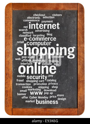 shopping online word cloud on a vintage slate blackboard isolated on white Stock Photo
