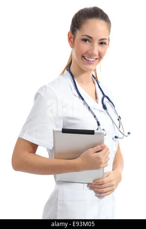 Friendly intern student nurse posing standing holding a tablet isolated on a white background Stock Photo