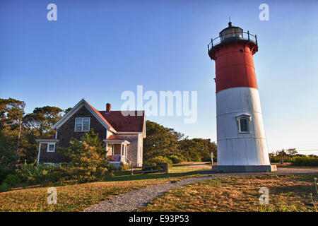 Nauset Light and the keeper's house in Eastham, MA on Cape Cod Stock Photo