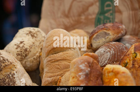 Selection of fresh bread at a farmers market Stock Photo