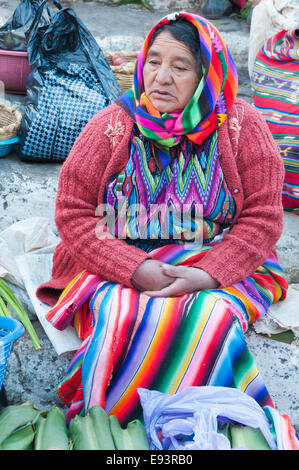 Mayan woman selling vegetables at the market, Chichicastenango, Guatemala Stock Photo