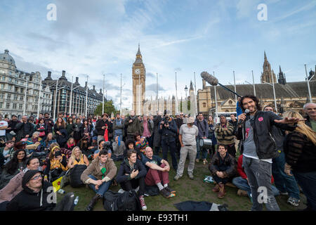 London, UK. 18th Oct, 2014. Russell Brand speaks at Occupy Democracy Camp Credit:  Guy Corbishley/Alamy Live News