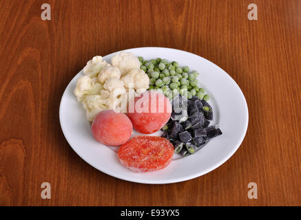 heap of frozen black currant covered with hoarfrost in the white plate on the wooden surface Stock Photo