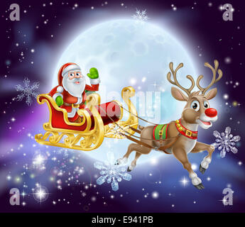 Christmas cartoon illustration of Santa clause in his sleigh or sled flying in front of a big full moon Stock Photo