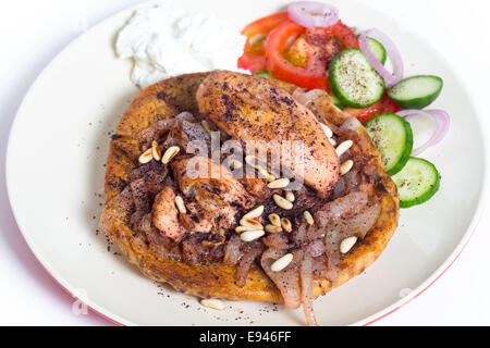 Musakhan, traditional Palestinian sumac chicken, on a plate with a salad and yoghurt, Stock Photo