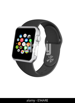 Apple watch sport space gray band, displaying icons, digitally generated artwork. Stock Photo