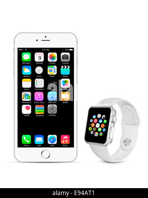 Iphone 6 silver and apple watch sport white band, with apps, digitally generated artwork. Stock Photo
