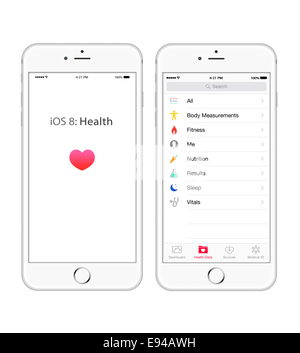 Smartphones iphone 6 silver with new ios 8 health app screen, digitally generated artwork. Stock Photo