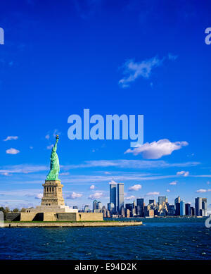 Statue of Liberty and Lower Manhattan skyline prior to September 11 2001 New York City  NYC NY USA Stock Photo