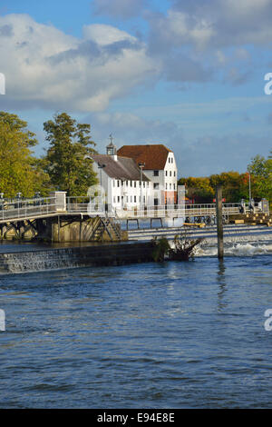 Looking across to the historic Hambleden Mill and weir on the River Thames, Mill End,  Hambledon, Buckinghamshire,England Stock Photo