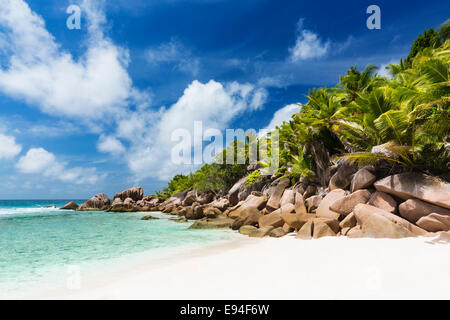 Perfect white beach Anse Cocos in La Digue, Seychelles with granite boulders and palm trees Stock Photo