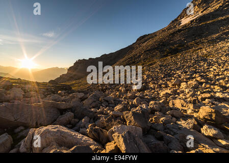 Stunning landscape at sunrise on the Susa Valley from above. Stock Photo