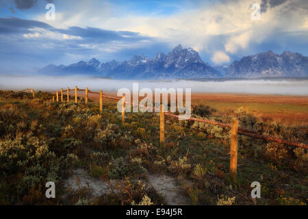 Dramatic Teton mountain range near Triangle X Ranch in Grand Teton National Park, Wyoming Stock Photo