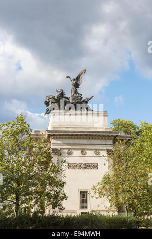 Wellington Arch, at Hyde Park Corner, in the West End of London, topped by a quadriga or ancient four-horse chariot statue Stock Photo