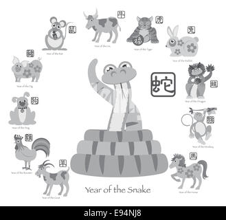 Chinese New Year of the Snake with Twelve Zodiacs with Chinese Text Seal in Circle Grayscale Illustration Stock Photo