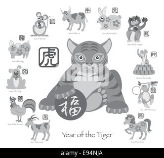 Chinese New Year of the Tiger with Twelve Zodiacs with Chinese Text Seal in Circle Grayscale Illustration Stock Photo