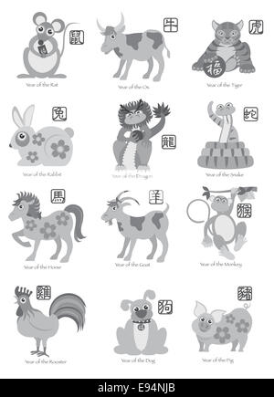 Chinese New Year Twelve Zodiac Horoscope Animals with Chinese Seal Text Grayscale Illustration Stock Photo