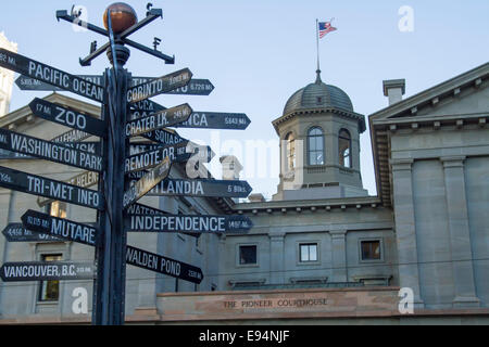 Famous signpost with directions to world landmarks in Pioneer Courthouse Square, Portland, Oregon Stock Photo