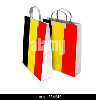 Two Shopping Bags opened and closed with the flag from  Belgium isolated on white. There is a different path for each bag Stock Photo
