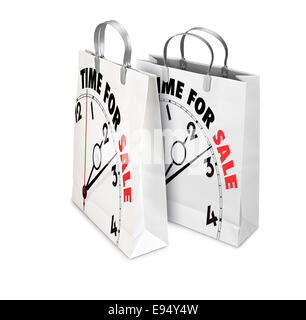 Two Shopping Bags opened and closed with Time For Sale isolated on white. There is a different path for each bag Stock Photo