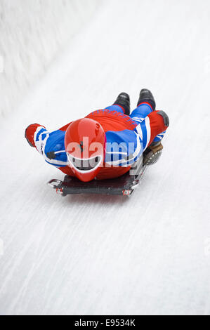 Skeleton rider on the ice track, St Moritz, Engadin, Grisons, Switzerland