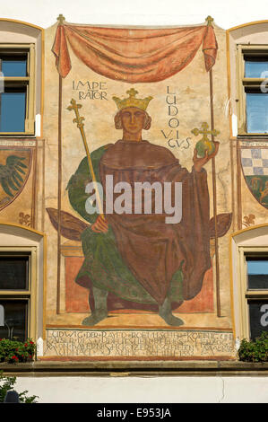 Louis IV, Holy Roman Emperor as a fresco on the town hall, Untermarkt, Murnau am Staffelsee, Upper Bavaria, Bavaria, Germany Stock Photo
