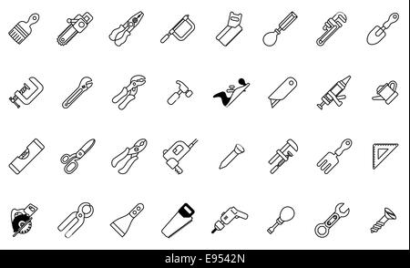 A tool icon set with lots of construction or DIY tools including level, saw and many others Stock Photo