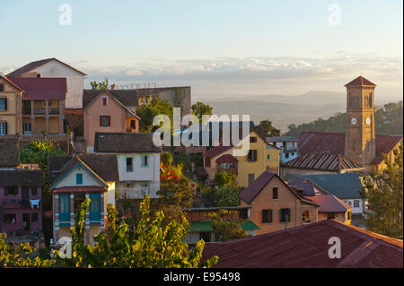 View from the Rova on the upper town with church, colorful houses of the old town, Antananarivo, Analamanga region, Madagascar Stock Photo