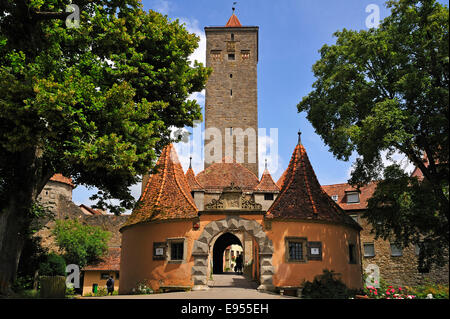 The Castle Gate with two gatekeepers cottages, 1596, Rothenburg ob der Tauber, Middle Franconia, Bavaria, Germany Stock Photo