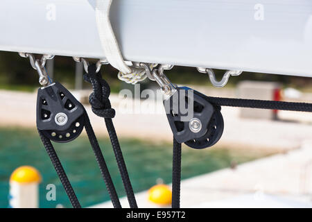 Winch and rope, yacht detail. Close up horizontal shot Stock Photo