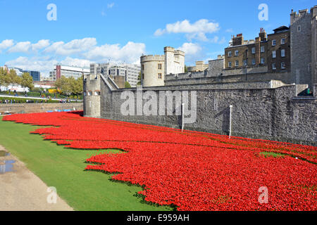 Field of red ceramic poppies Blood swept lands & seas of World War 1 first world war tribute in dry moat at Historic Tower of London England uk Stock Photo