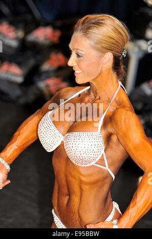 Roosendahl, The Netherlands. 19th Oct, 2014. Female contestant showing her best at the bodybuilding and fitness contest of the Walter's Open Dutch Championship Bodybuilding and Fitness on oktober 19, 2014 in Theatre 'De Kring' at Roosendahl, Credit:  YellowPaul/Alamy Live News Stock Photo