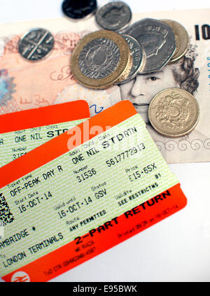 Rail travel tickets and cash, London Stock Photo