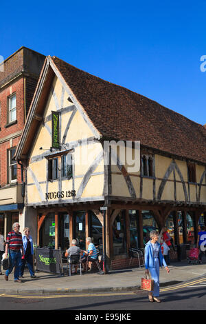 14th Century timberframe old building at Nuggs Corner of Blue Boar Row in the historic city of Salisbury Stock Photo