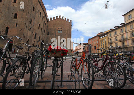 Row of bicycles parked in 'Piazza Re Enzo'. Bologna, Emilia Romagna, Italy. Stock Photo