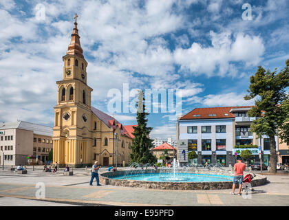 Evangelical Church, fountain at SNP namestie, central square in Zvolen, Banska Bystrica Region, Slovakia Stock Photo