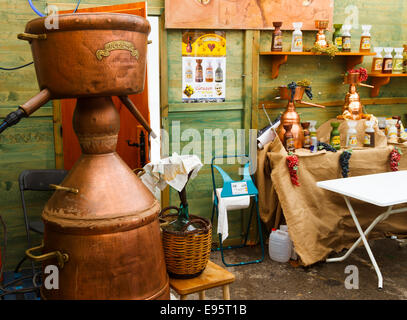 Alquitara or pot still for orujo distillation. Orujo fair.  Potes, Comarca of Liebana. Cantabria, Spain, Europe. Stock Photo