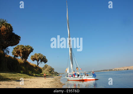 Flucca Trip by the nile .. Group of tourists traveling down the Nile on a Flucca Boat . Stock Photo