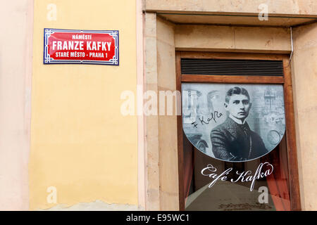 Franz Kafka Square, Prague, Czech Republic Portrait in the window display, restaurant Cafe Kafka Stock Photo