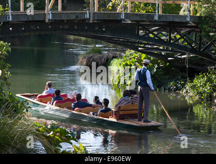 Christchurch New Zealand Punting on River Avon. Under a closed bridge damaged by the 2011 earthquake. 2014 Stock Photo