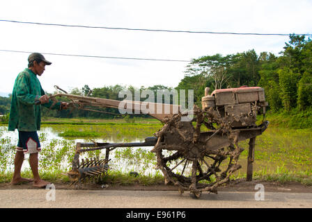 man with old plowing machine near paddy with rice Stock Photo