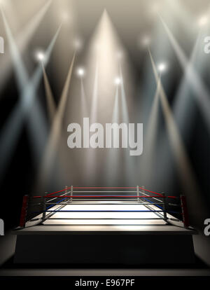 A regular boxing ring surrounded by ropes spotlit by various lights on ...