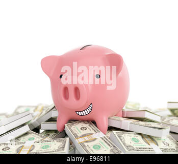 Smiling piggy bank standing on a pile of money Stock Photo