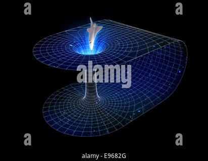 3D representation of a space ship passing through a wormhole Stock Photo