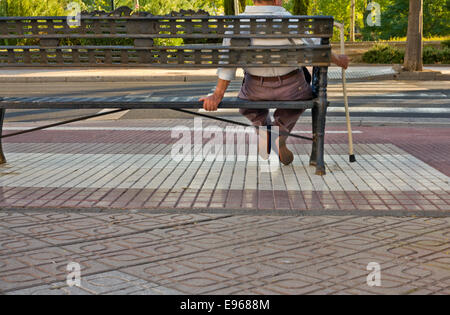 Rear view of a elder  man sits on a bench in front of a zebra crossing. The man's face can not be seen Stock Photo
