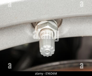 Silver tire pressure valve alloy wheel Stock Photo